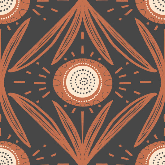 Folk Bloom Radiance Terracotta Charcoal - Mid Mod Floral tapet⁠