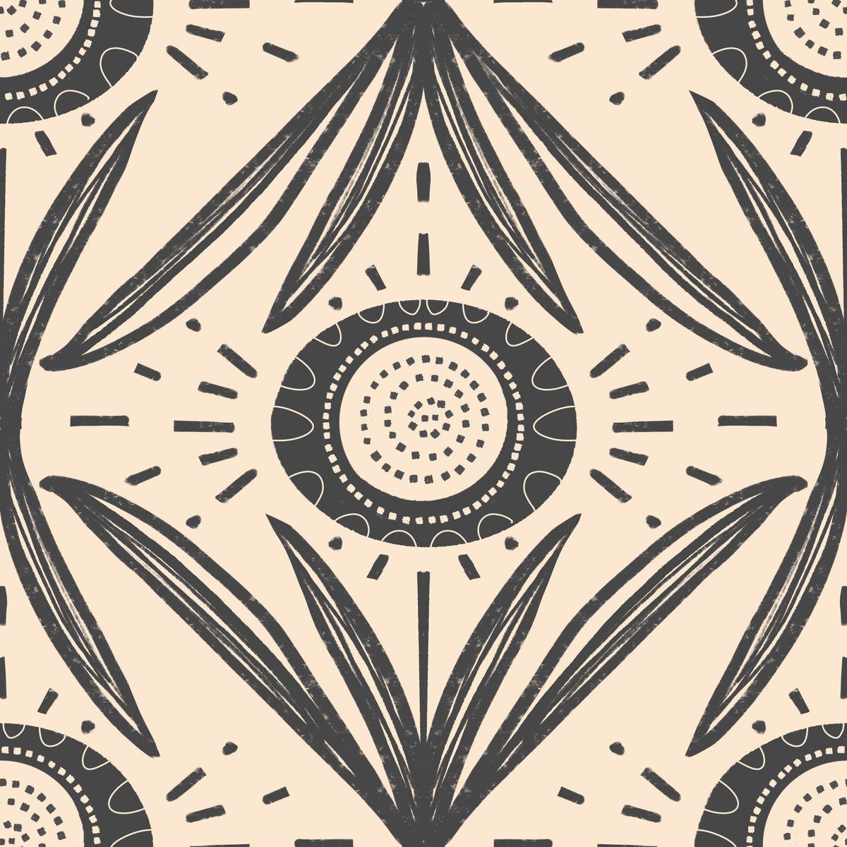 Folk Bloom Radiance Charcoal Cream - Retro Contrast Floral Wallpaper⁠ in your room
