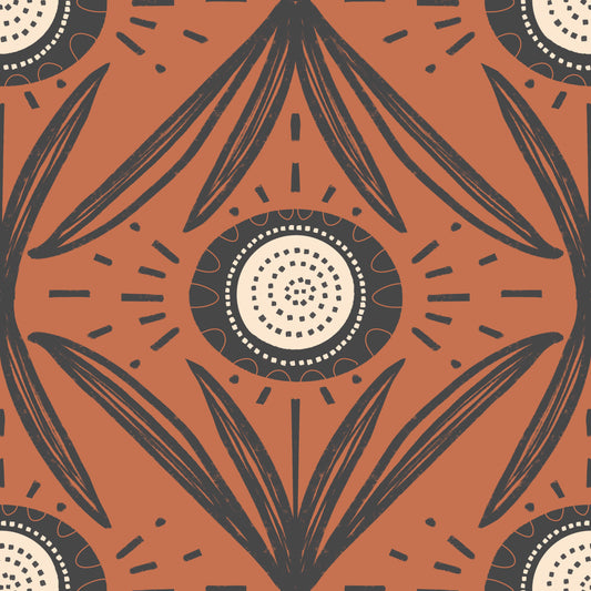 Folk Bloom Radiance Charcoal Terracotta - Retro kontrast blomster tapet⁠