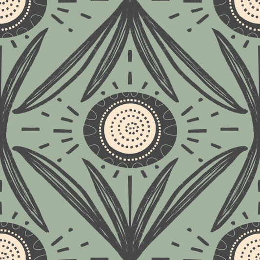 Folk Bloom Radiance Charcoal Sage - Rustic Modern Floral Wallpaper⁠