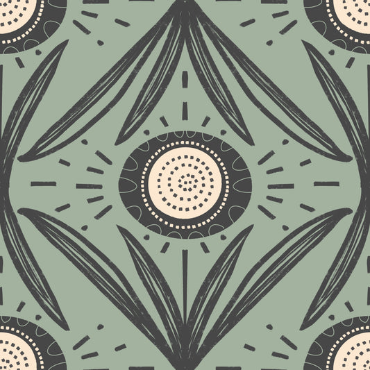Folk Bloom Radiance Charcoal Sage - Rustik moderne blomster tapet⁠