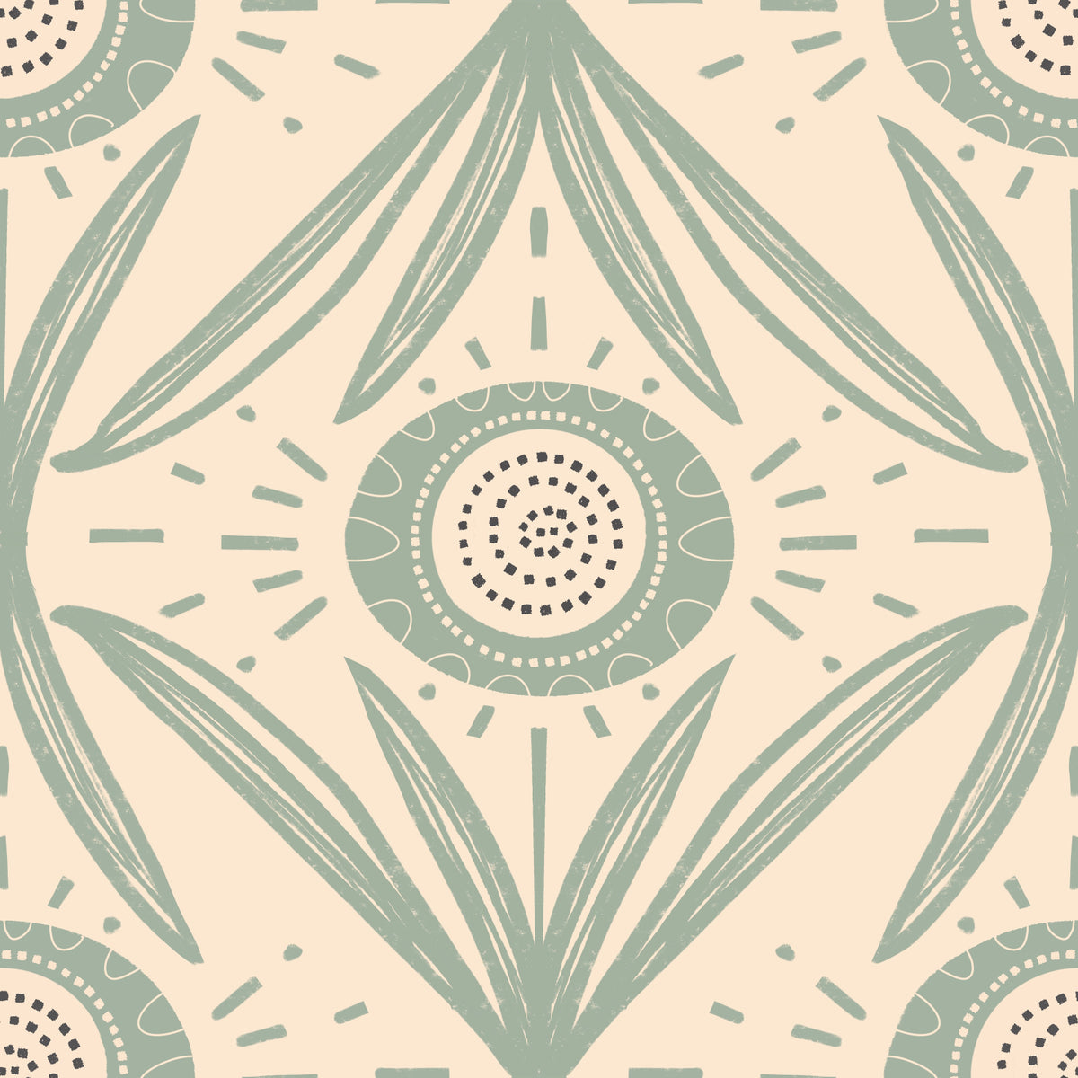 Folk Bloom Radiance Sage Cream - CottageCore Floral Wallpaper⁠ in your room — zoomed