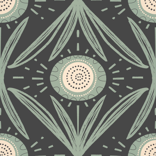 Folk Bloom Radiance Sage Charcoal - Bold Cottage Floral Wallpaper⁠