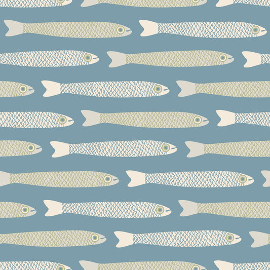 Anchovies Cream Retro Sage Green Fish su carta da parati azzurro⁠