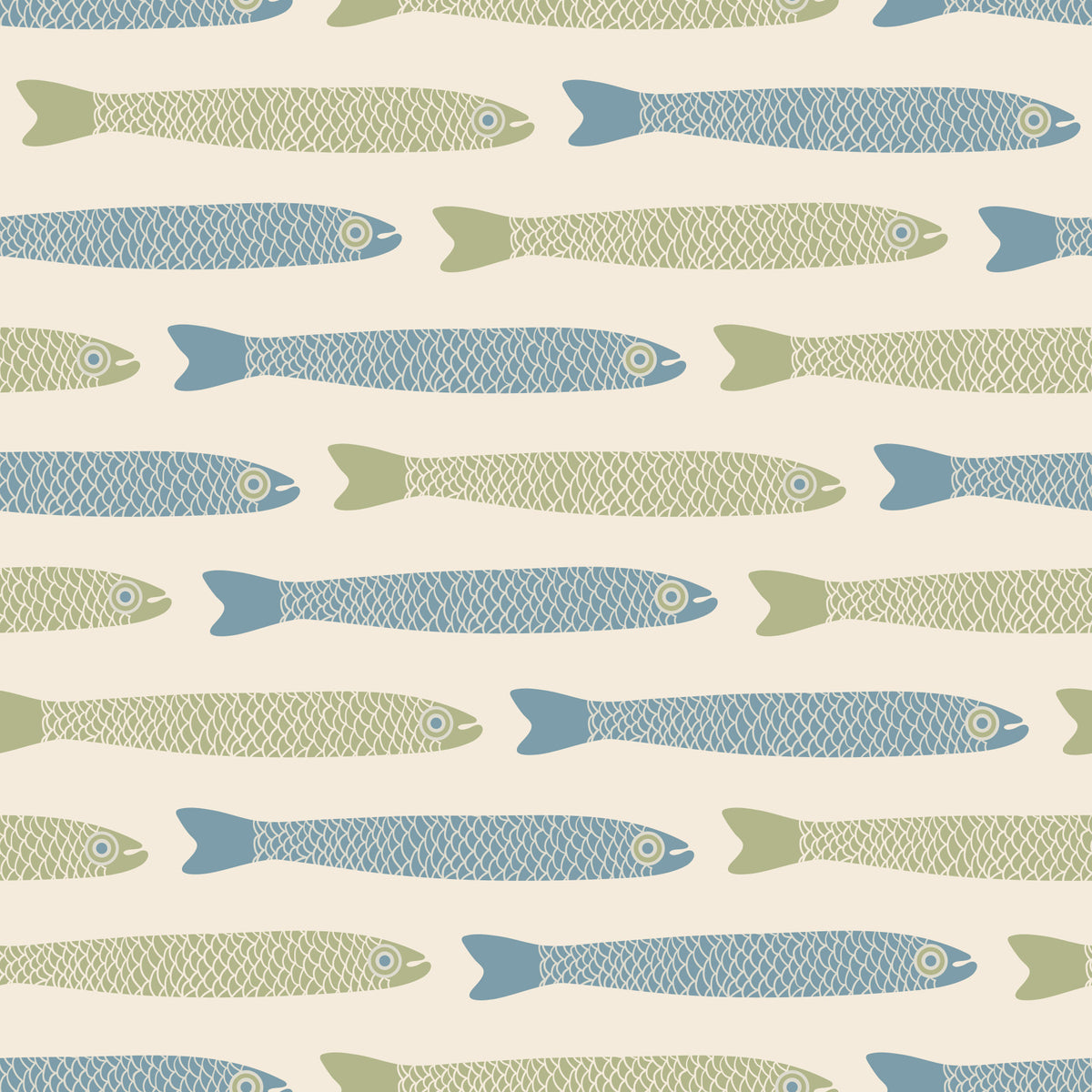 クリームの壁紙にアンチョビのレトロな青いセージの緑の魚 in your room