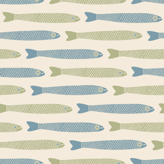 Anchovies Retro Blue Sage Green Pesce su carta da parati crema⁠