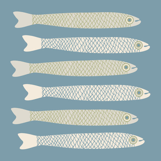 Anchovies retro krem ​​szałwii zielona ryba na Cottagecore jasnoniebieski mural ściany