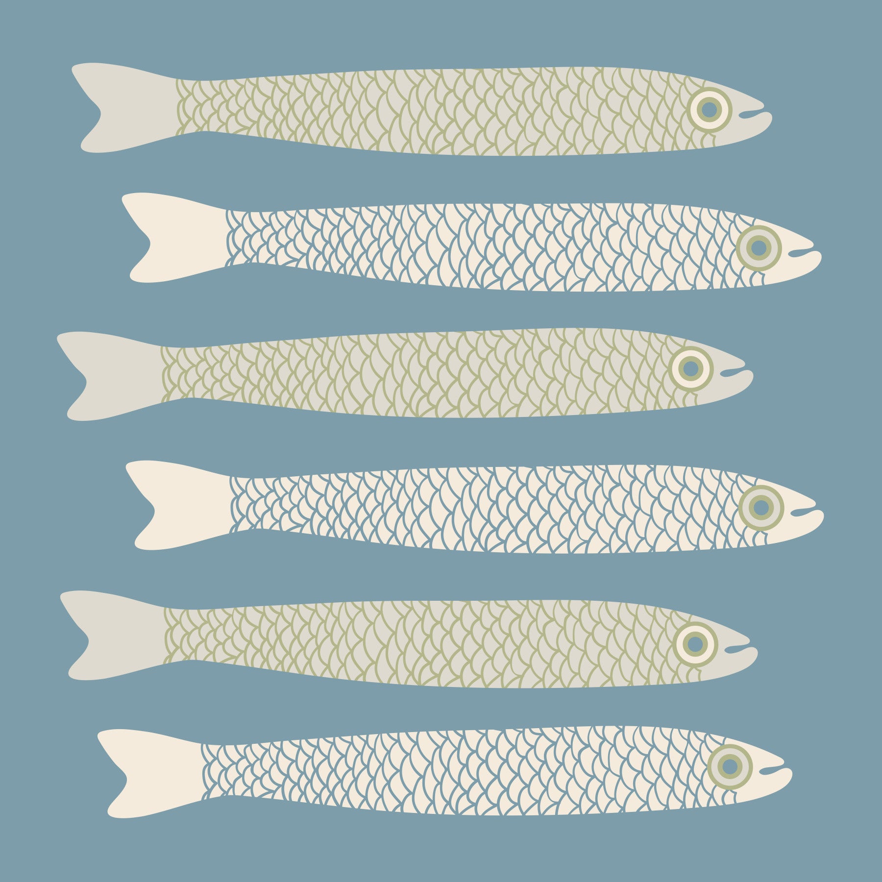 Anchovies Retro Cream Sage Green Fish on Cottagecore Light Blue Wall Mural