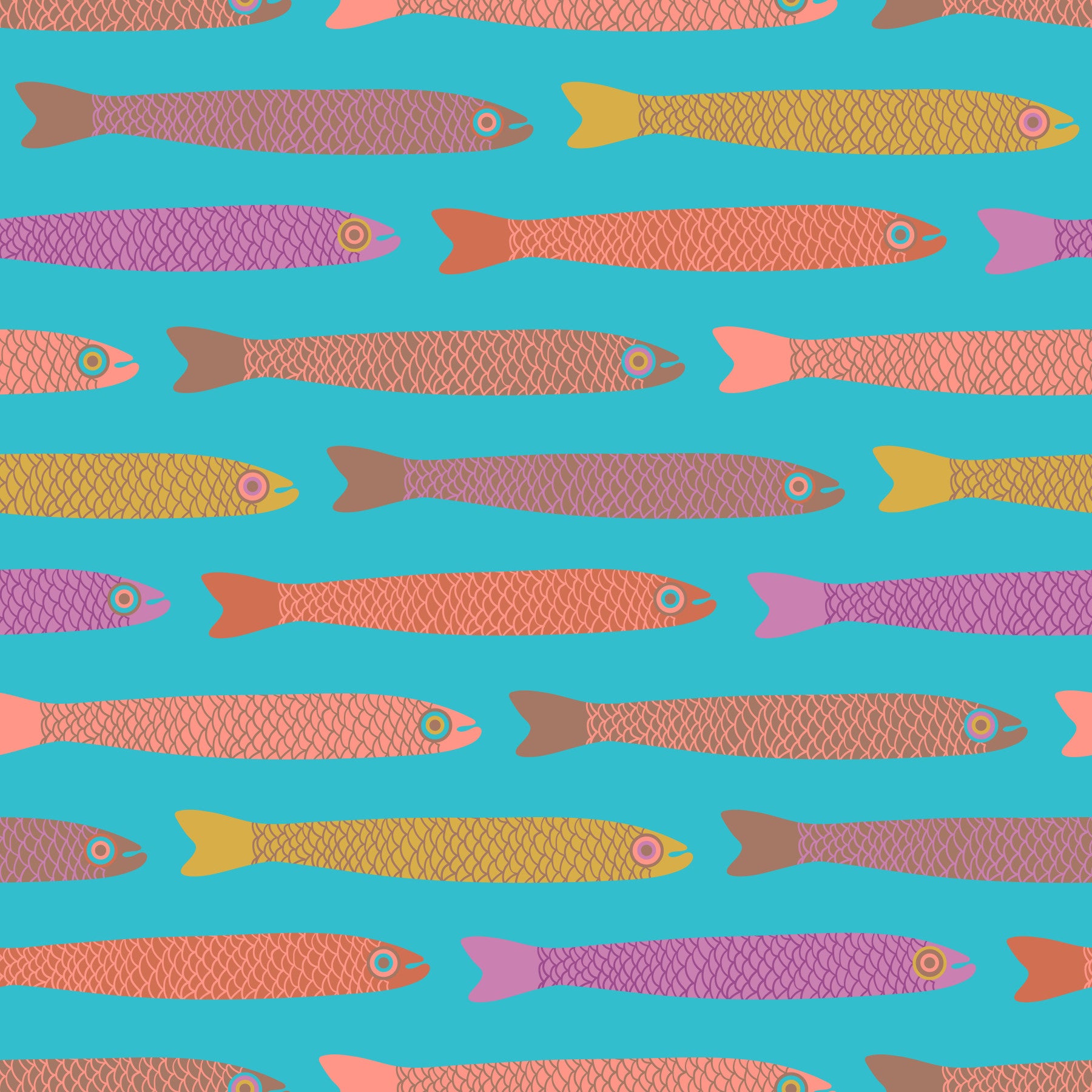 Accumo di pesce multicolore retrò con moka mousse marrone su carta da parati blu⁠