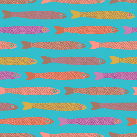 Accumo di pesce multicolore retrò con moka mousse marrone su carta da parati blu⁠