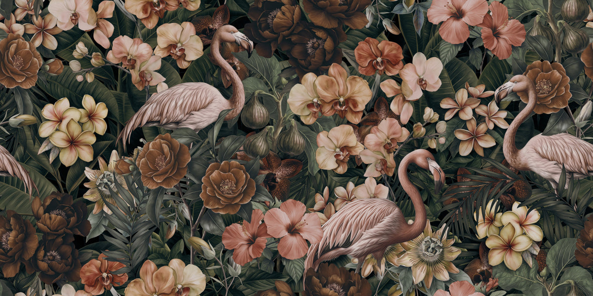 Flamingo Floral Tropical Dreamscape Peach Green Wallpaper⁠ in your room — zoomed