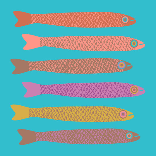 Anchovies Retro wielobarwne ryby z muskiem mokki na niebieskim muriecie ściennym