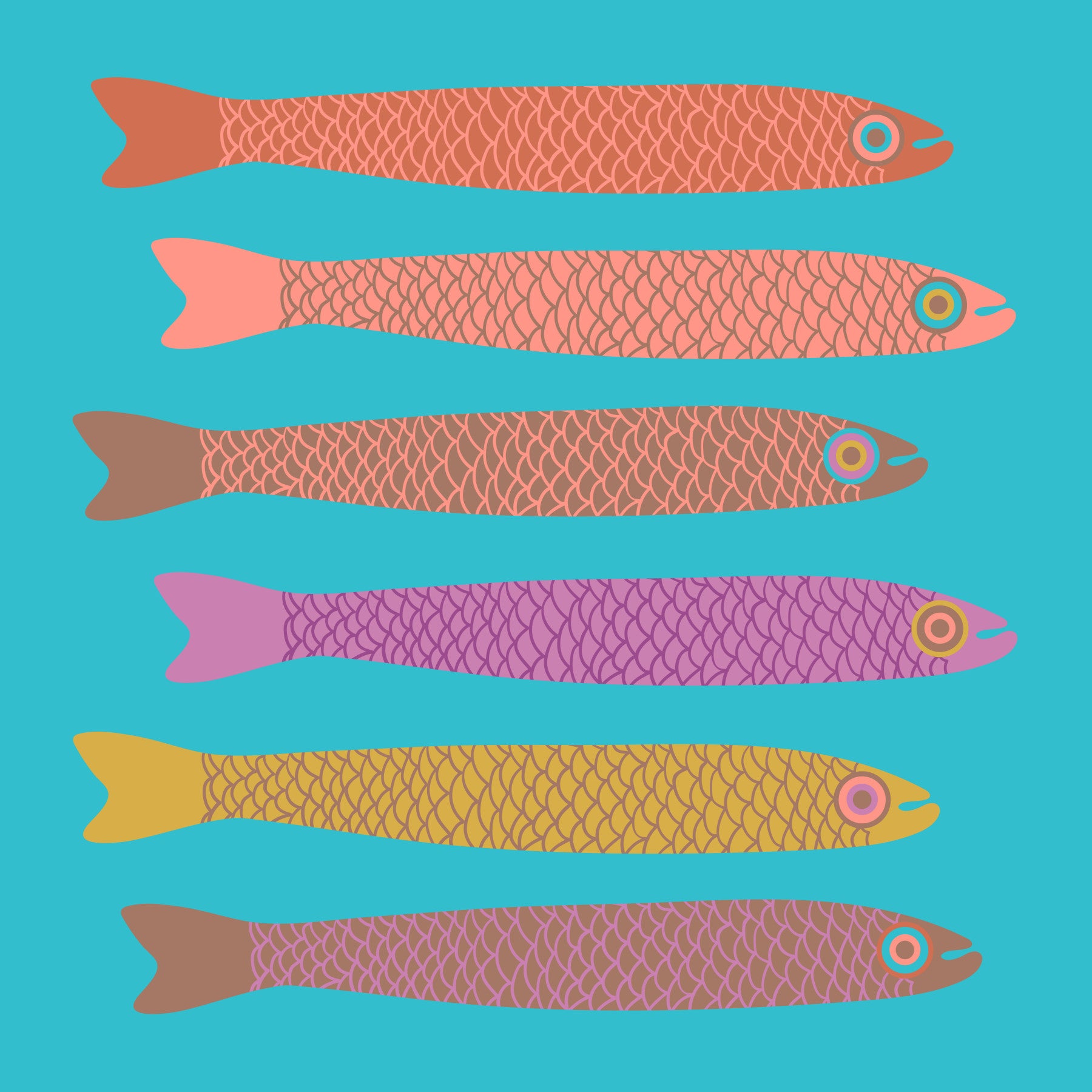Anchovies Retro multicolore pește cu mousse mousse maro pe mural de perete albastru