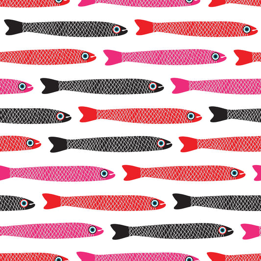 Anchovies retro czerwona różowa czarna ryba na białej tapecie⁠