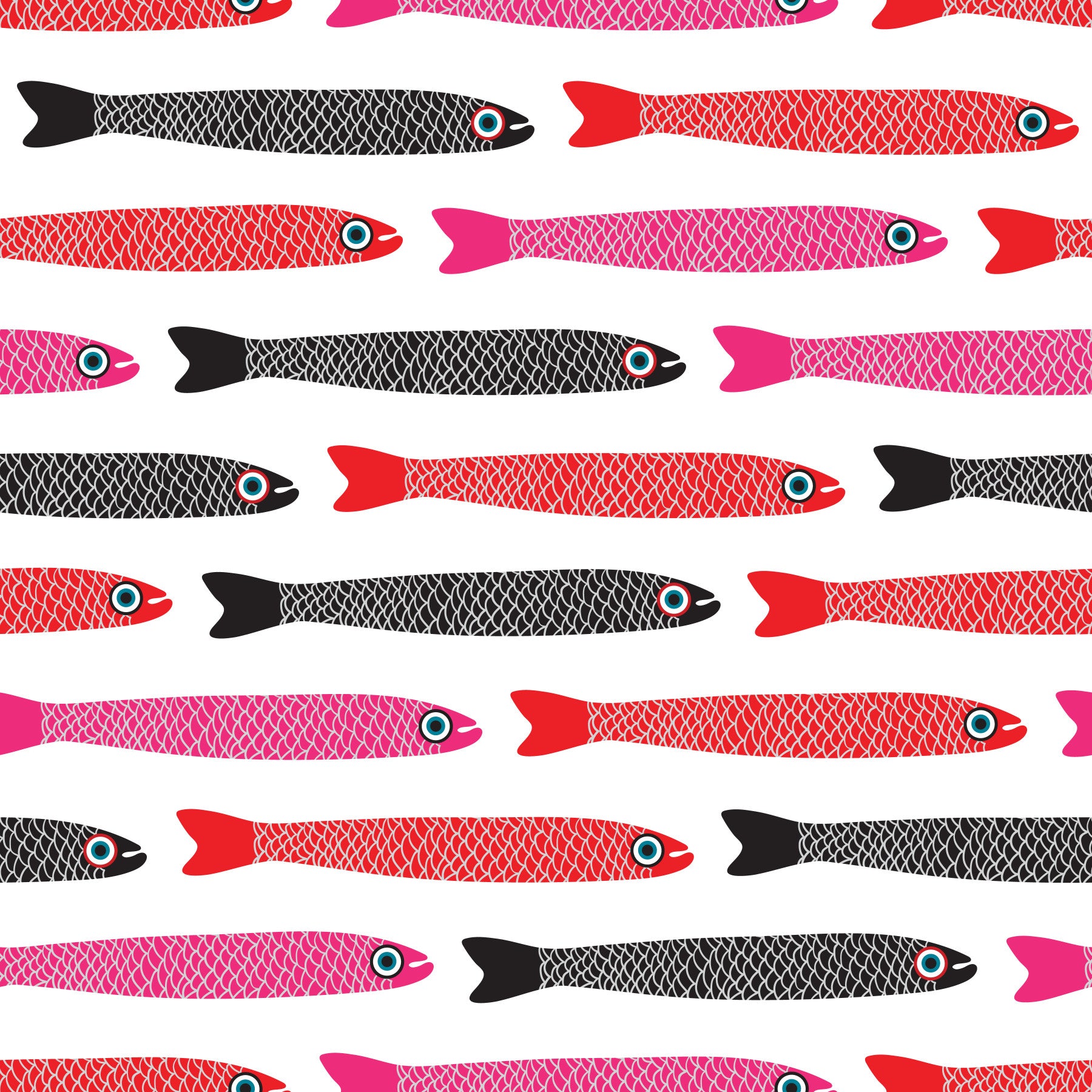 Anchovies Retro Red Pink Black Fish on White Wallpaper⁠