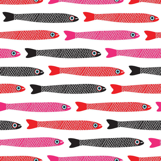 Anchovies pesce nero rosa rosso retrò su carta da parati bianca⁠