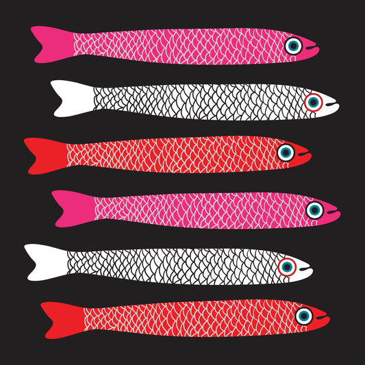 Anchovies Retro Red Różowe białe ryby na czarnym muralu ściennym