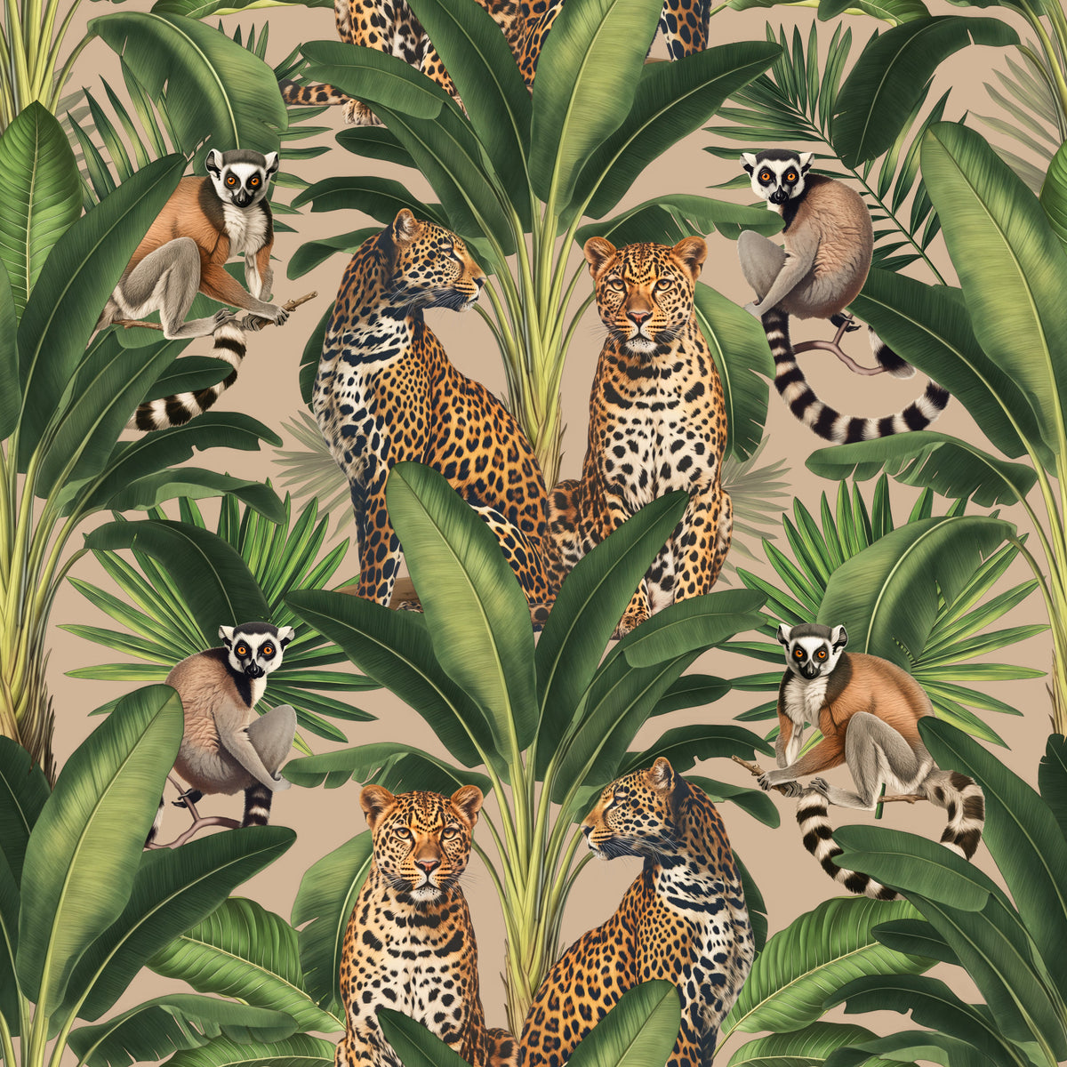 Cheetah And Monkey Jungle Beige Wallpaper⁠