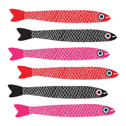 Anchovies retro czerwona różowa czarna ryba na białym muralu ściennym
