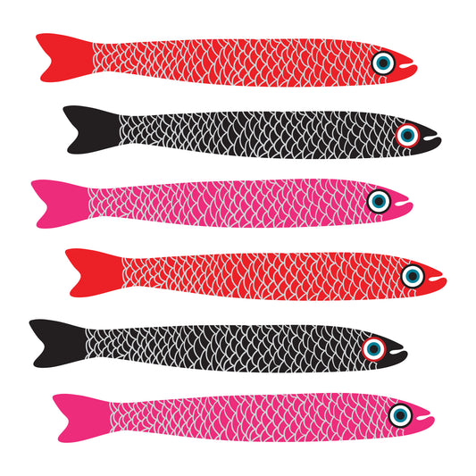 Anchovies pesce nero rosa rosso retrò su murale bianco murale