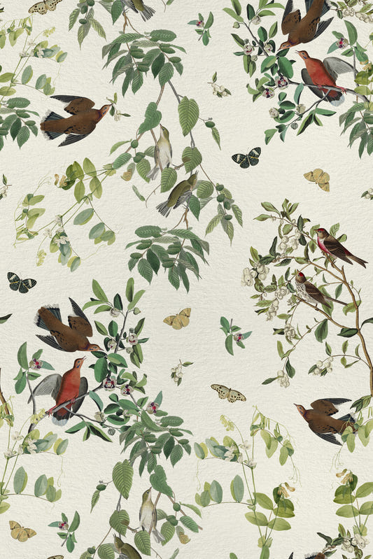 Birds and Butterflies Branch Olive Green Wallpaper⁠