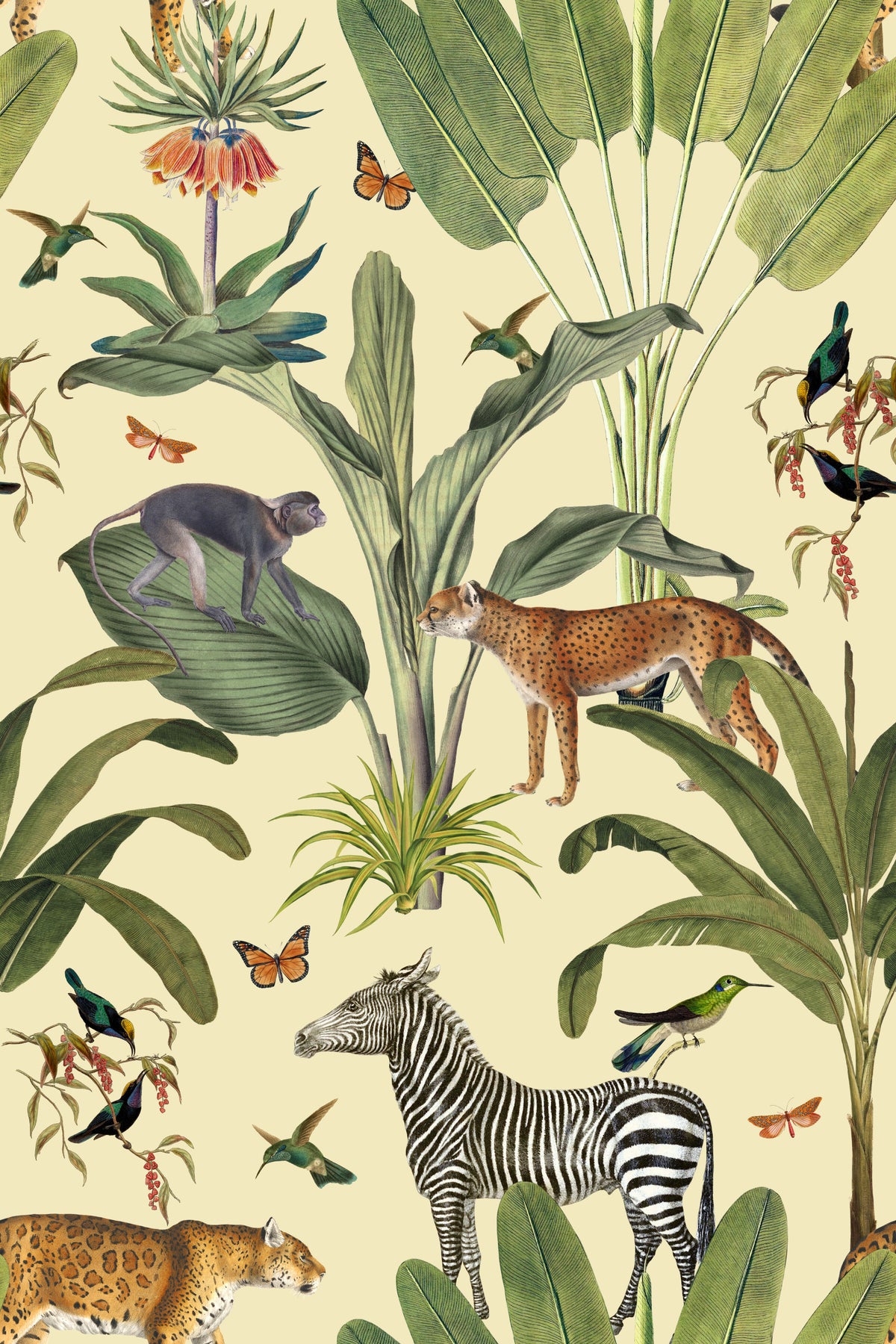Safari Wildlife Vintage Botanical Wallpaper⁠ in your room — zoomed