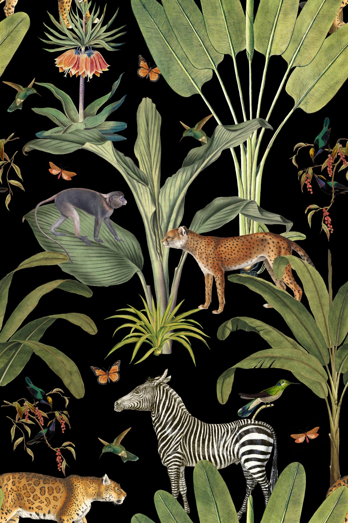 Safari Wildlife Vintage Botanical Black Wallpaper⁠ in your room