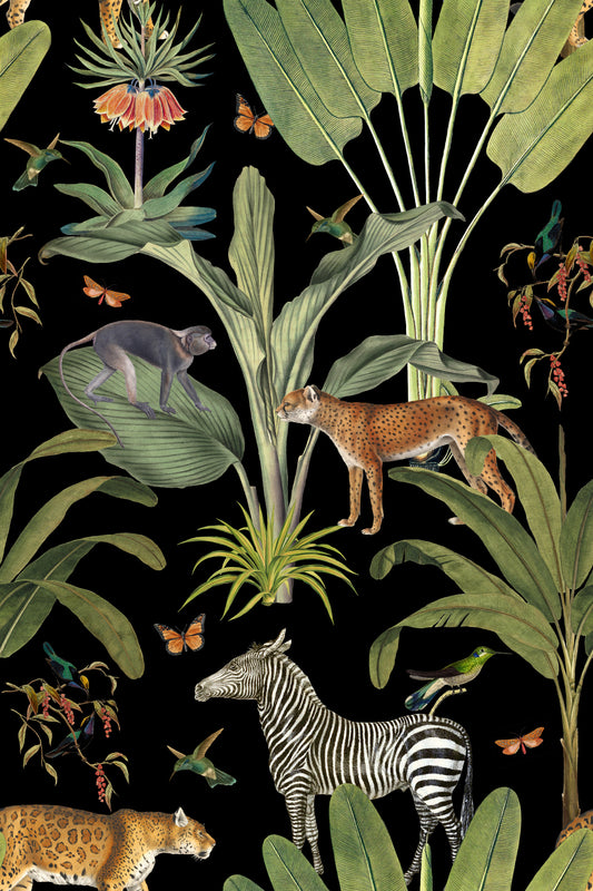 Safari dyreliv vintage botanisk sort tapet⁠