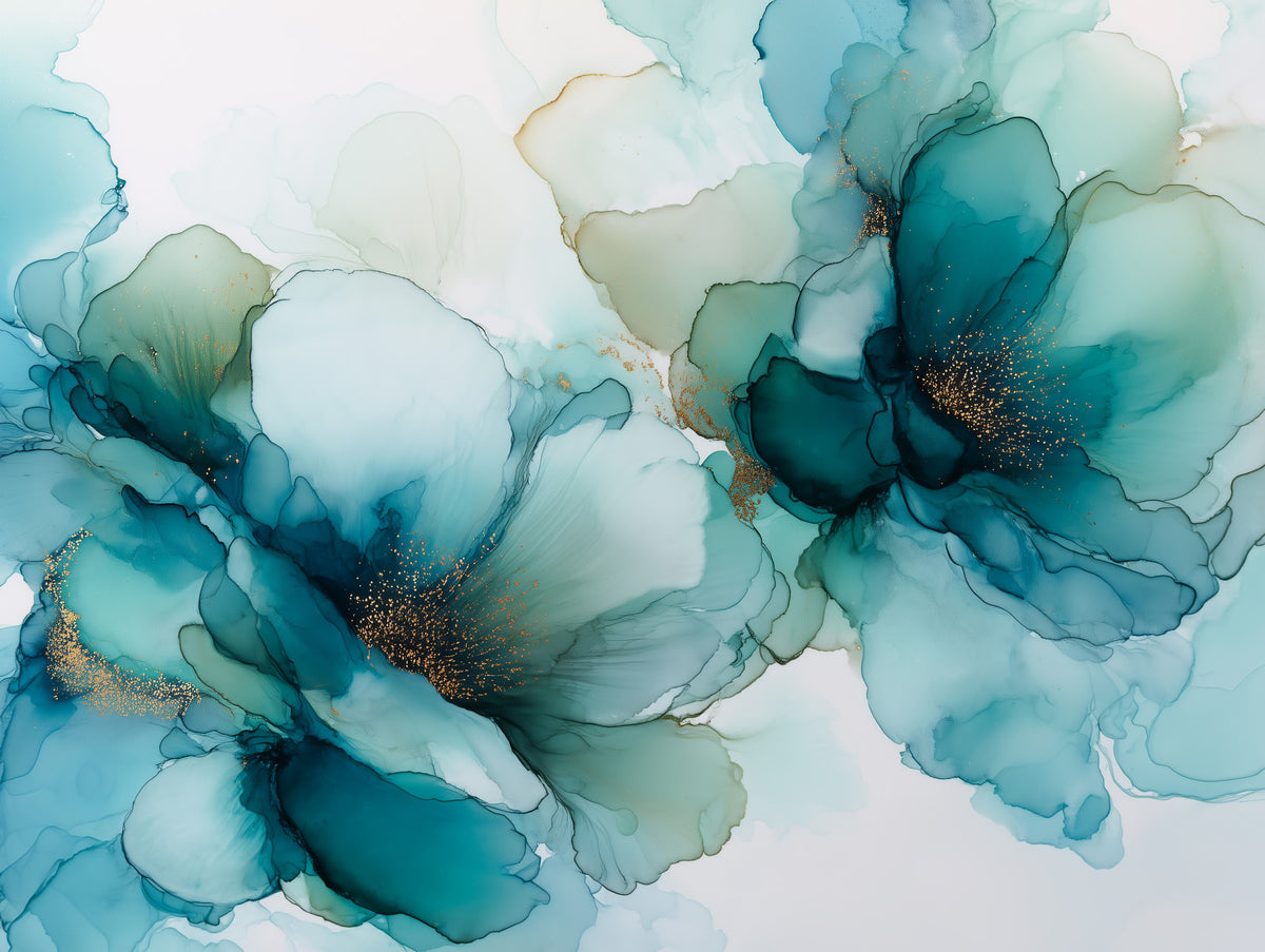 Blue Mist Ink Flowers Wall Mural