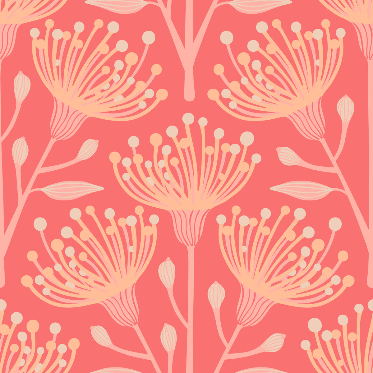 Eucalyptus Floral Botanical Bright Peach Fuzz Orange Coral Wallpaper⁠