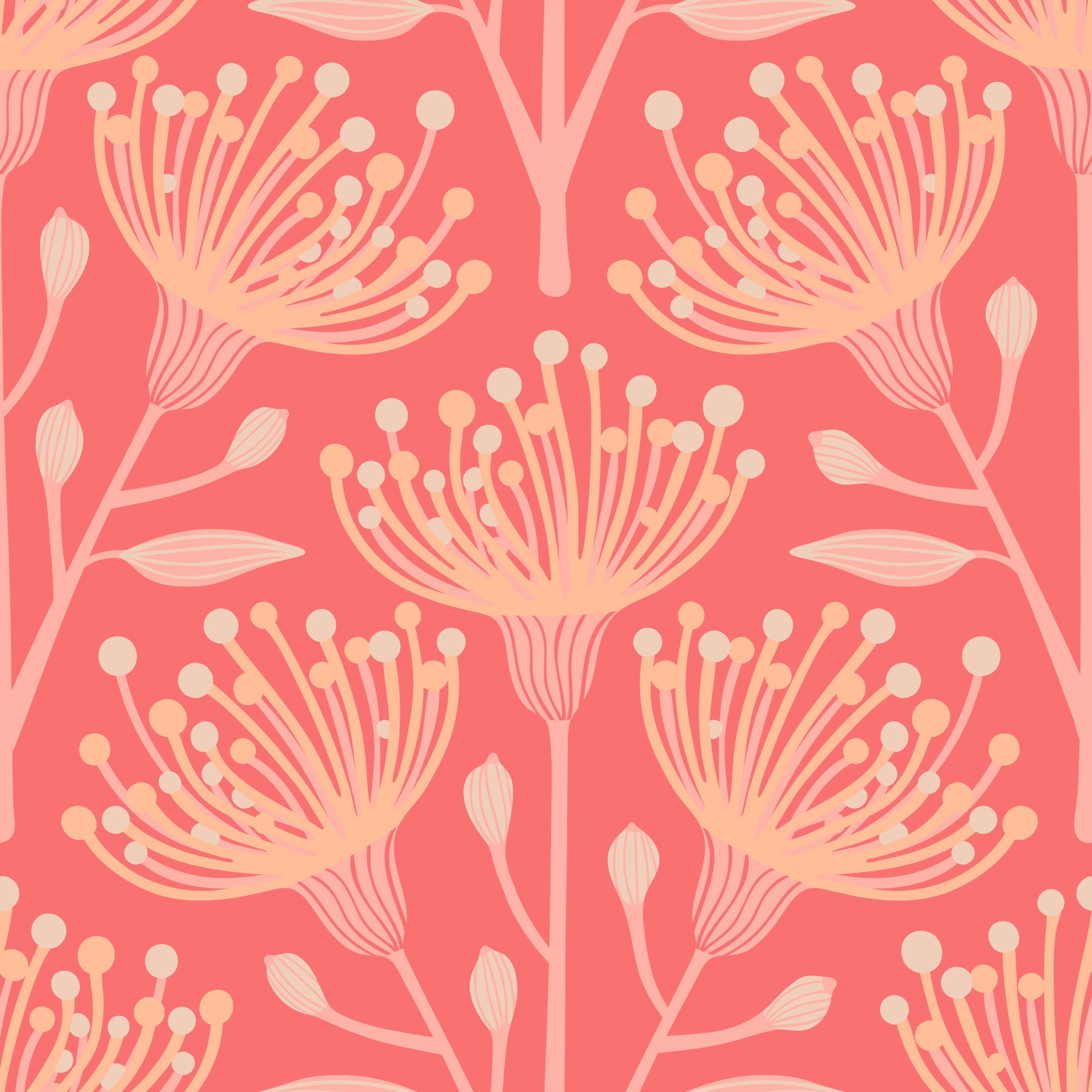 Eucalyptus Floral Botanical Bright Peach Fuzz Orange Coral Wallpaper⁠ in your room — zoomed