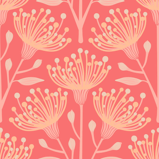 Eucalyptus floral botanique pêche brillante fuzz orange coral wallpaper⁠