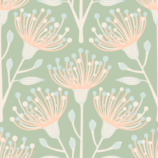 Blush cottage botanico floreale eucalipto su sfondo verde salvia⁠