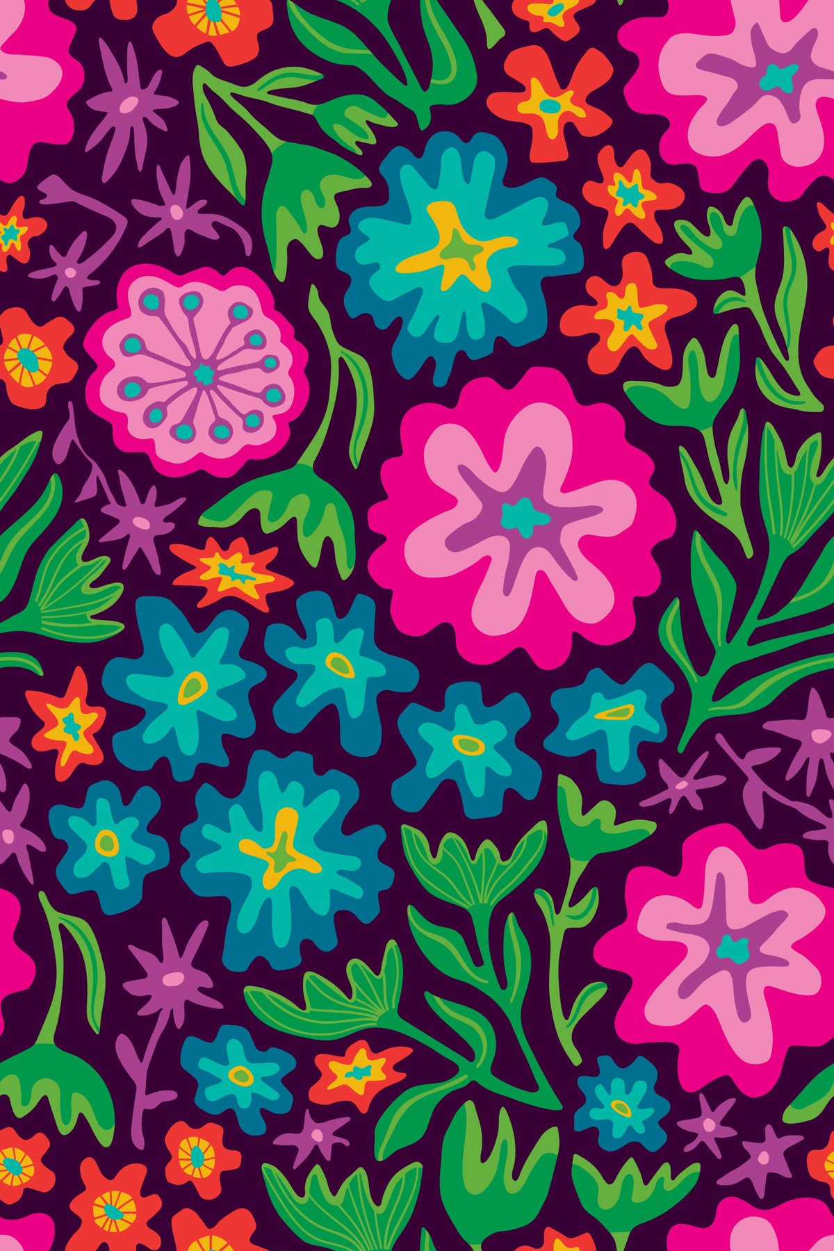 Sayulita Tropical Retro Floral Botanical Rainbow Brights on Deep Purple Wallpaper⁠ in your room — zoomed