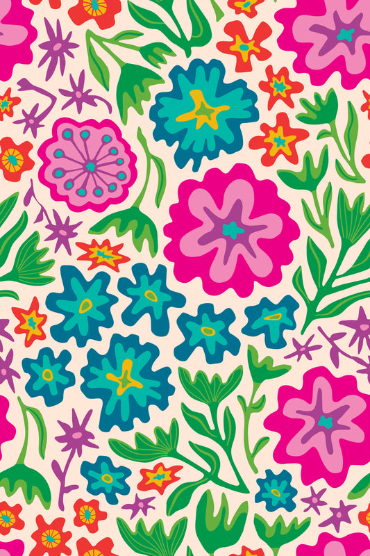 Sayulita tropisk retro blomster botanisk regnbue lys på fløde tapet⁠
