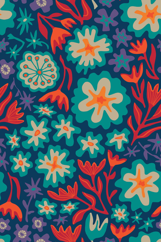 Sayulita Tropical Retro Floral Botanical Bright Aqua Orange Orange Red Purple Dark Blue Paperpaper⁠