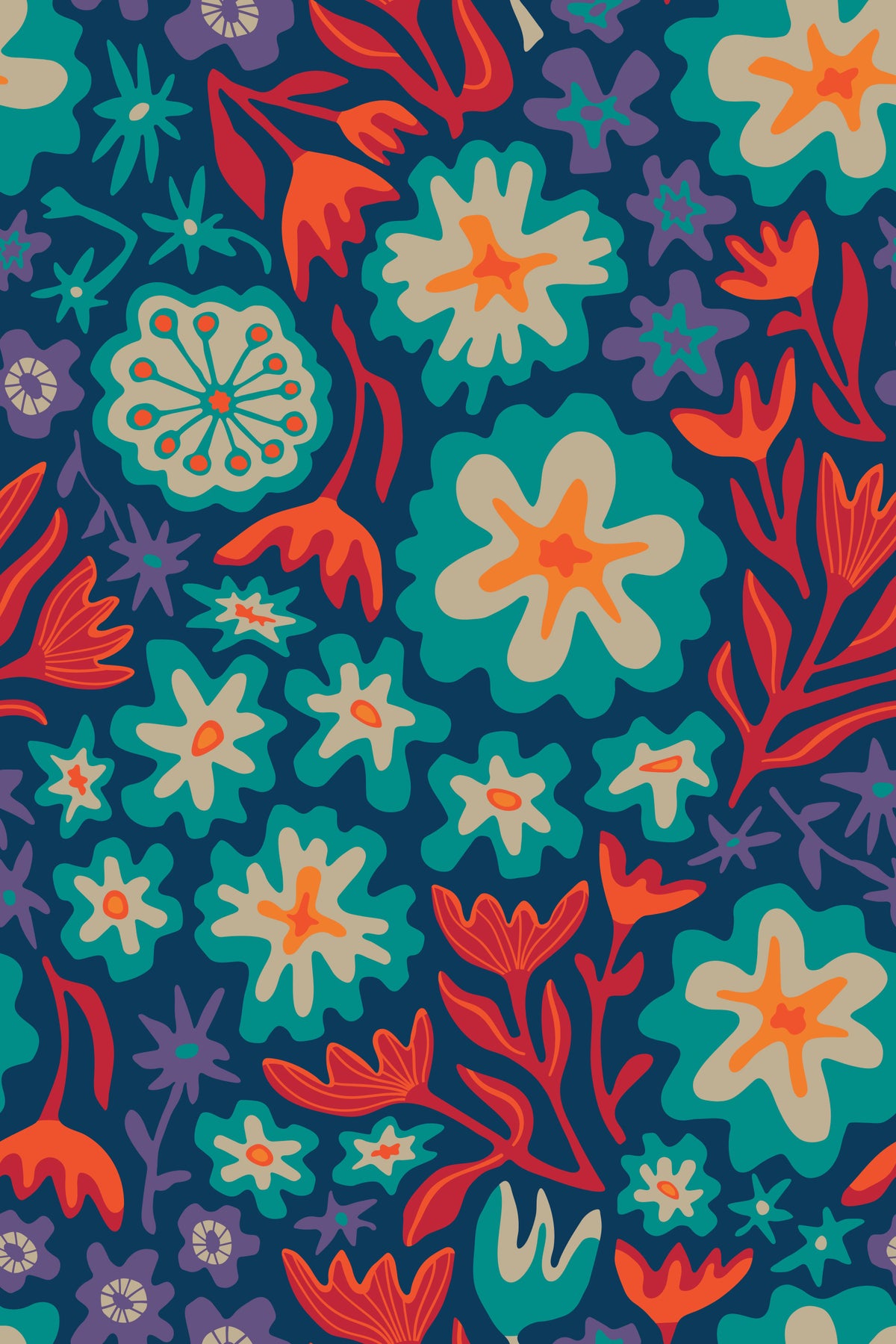 Sayulita Tropical Retro Floral Botanical Bright Aqua Orange Orange Red Purple Dark Blue Paperpaper⁠ in your room — zoomed