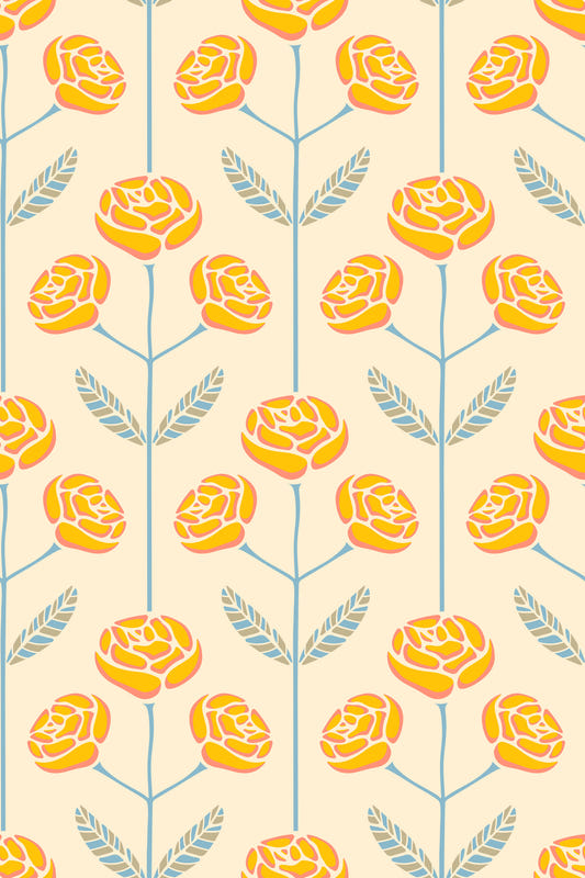 Lola rose retro scandi scandi secolo cottage floreale giallo foglie grigie sfondo⁠
