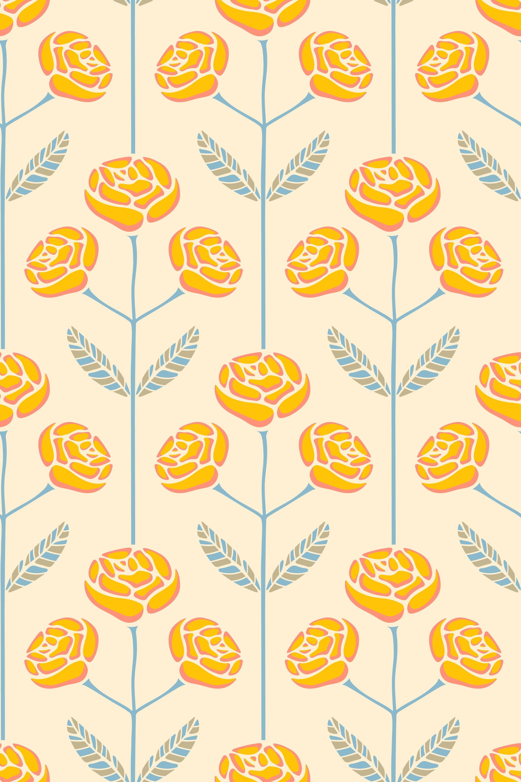 Lola Rose Retro Scandi Mid Century Blumenhütte gelbblau graue Blätter Wallpaper⁠