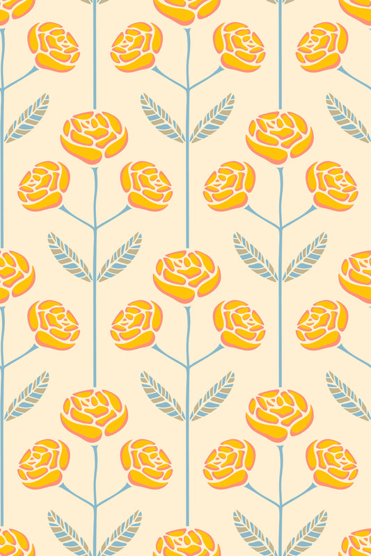 Lola rose retro scandi scandi secolo cottage floreale giallo foglie grigie sfondo⁠