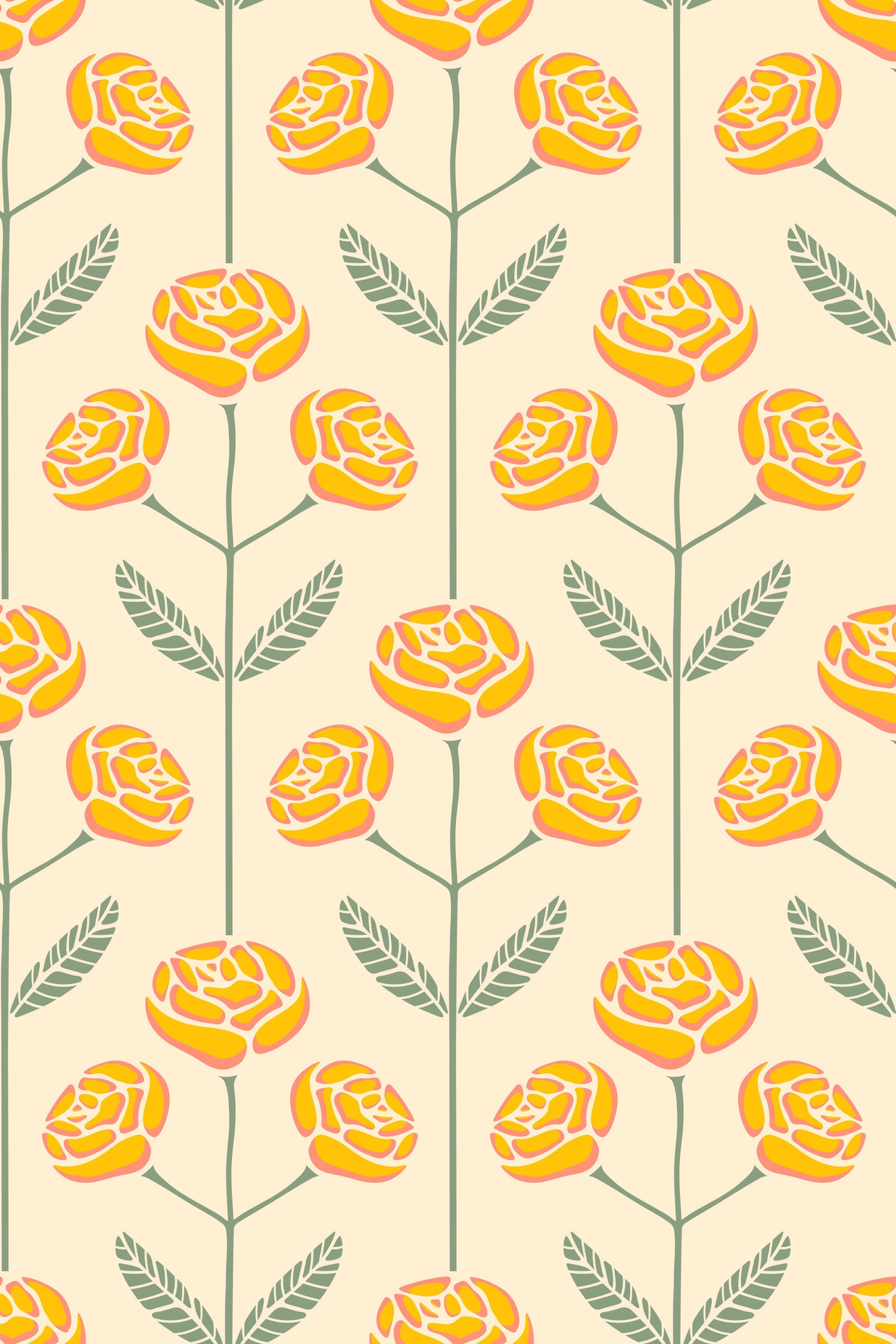 Lola Rose Retro Scandi Mid Century Floral Cottage Yellow Sage Green Leaves Wallpaper⁠ in your room