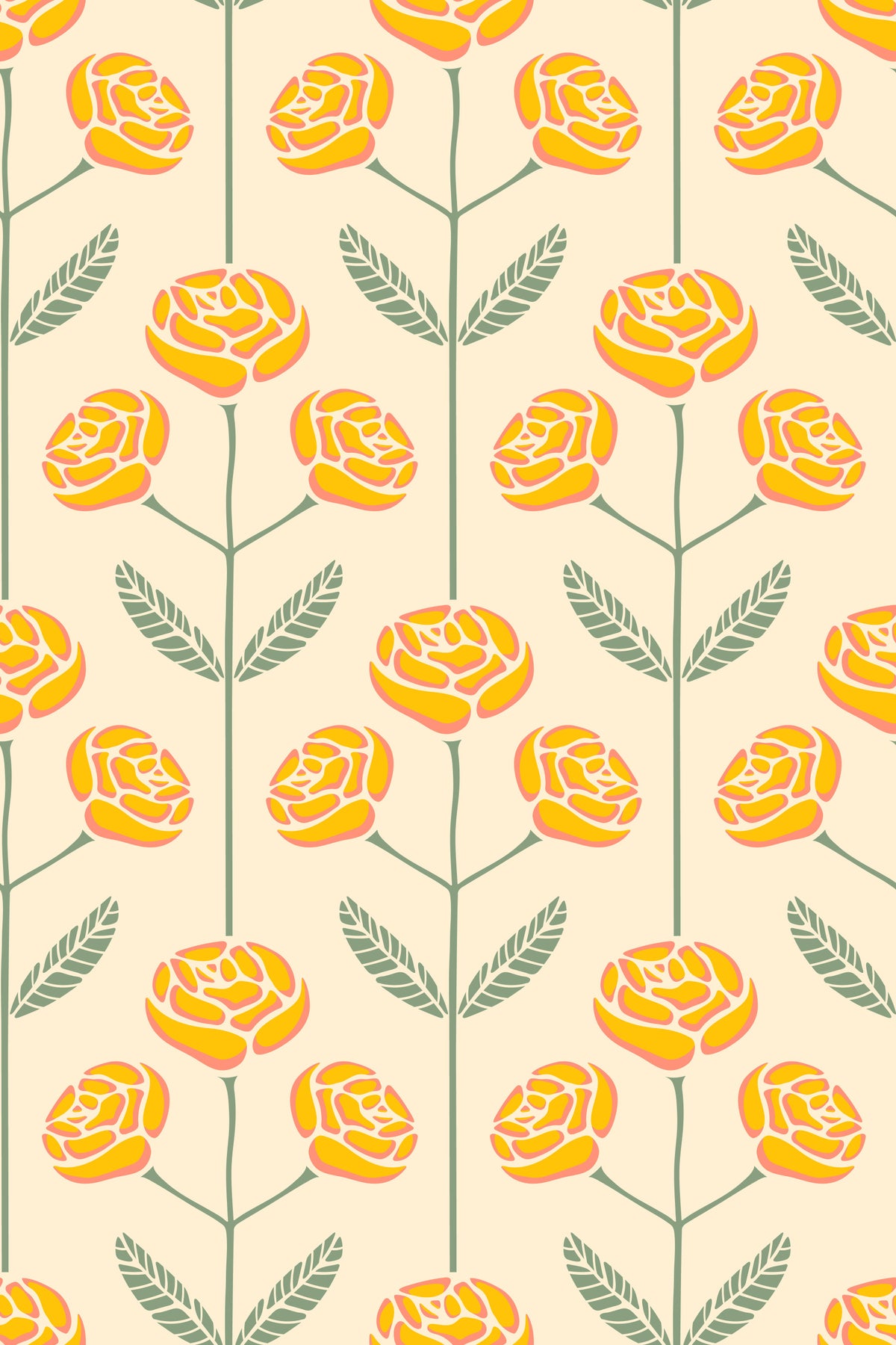 Lola Rose Retro Scandi Mid Century Floral Cottage Yellow Sage Green Leaves Wallpaper⁠ in your room — zoomed