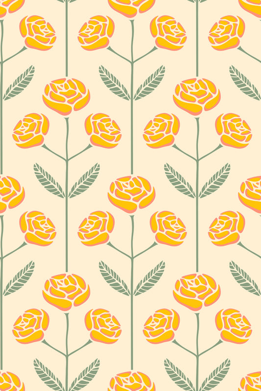 Lola rose retro scandi scandi secolo floreale fiore giallo foglie verde foglie sfondo⁠
