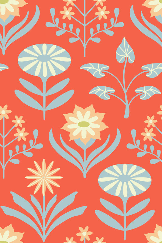 Tami Mid Century Modern Scandi Retro Floral Cottage Blue Cream Coral Orange tapet⁠
