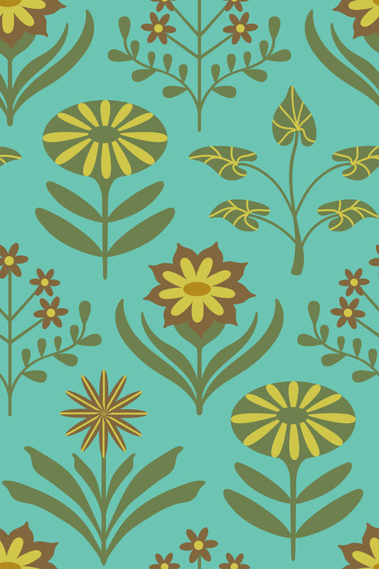 Tami Mid Century Modern SCANDI Floral Vintage Vintage Olive Green Brown Turpoise Wallpaper⁠