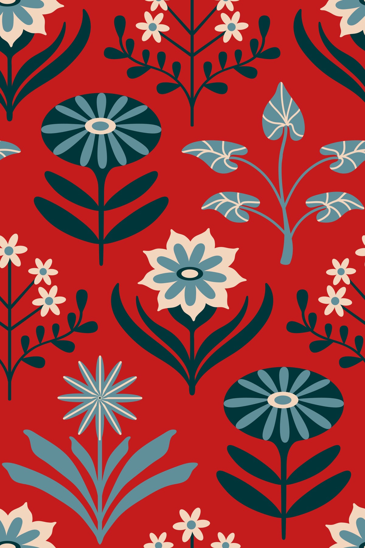 Tami Mid Century Modern Scandi Retro Floral Blue Navy Indigo White Dark Red Wallpaper⁠ in your room