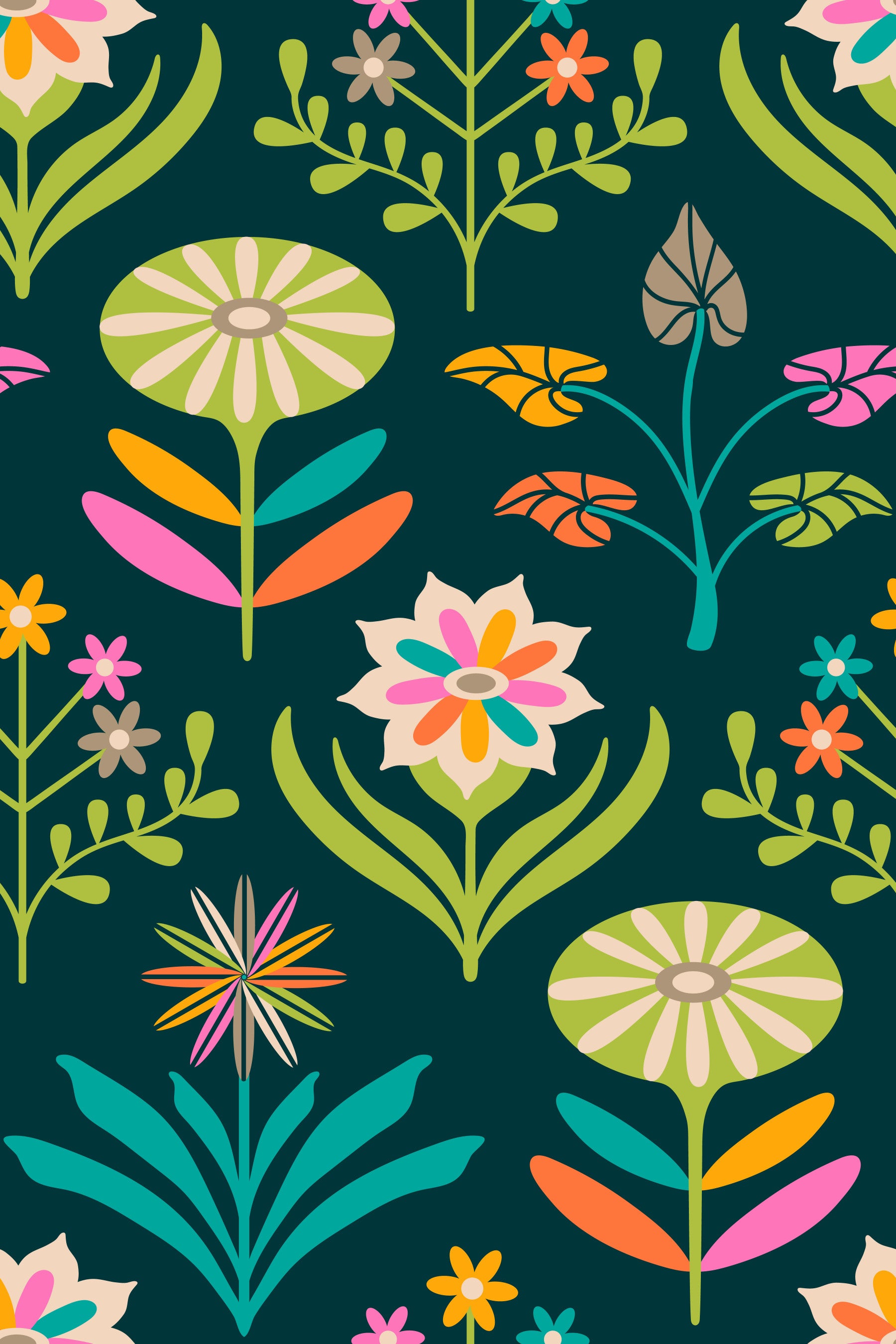 Tami Mitte des Jahrhunderts Moderner Scandi Retro Floral Regenbogen helles dunkelgrünes Tapeten⁠