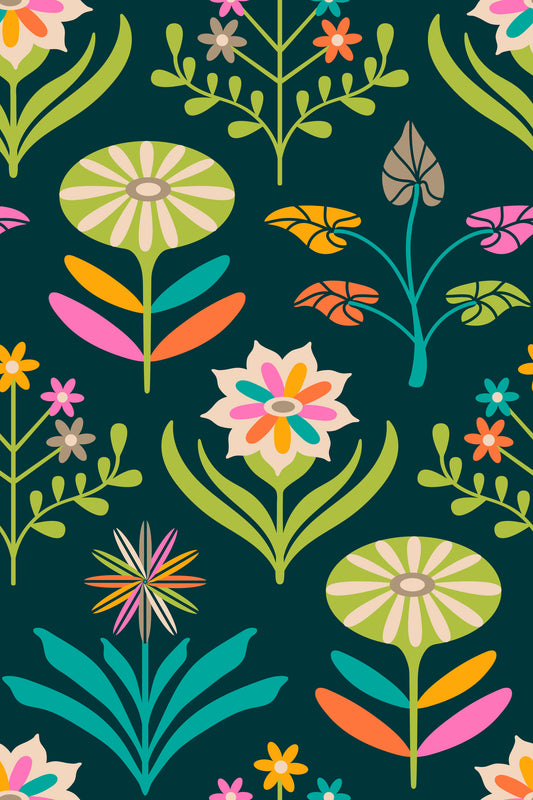 Tami Mid Century Modern Scandi Retro Floral Rainbow Brights Dark Green Wallpaper⁠