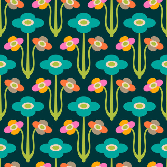 Yvette Mid Century Modern moderno scandi retrò arcobaleno floreale luminoso sfondo verde scuro⁠