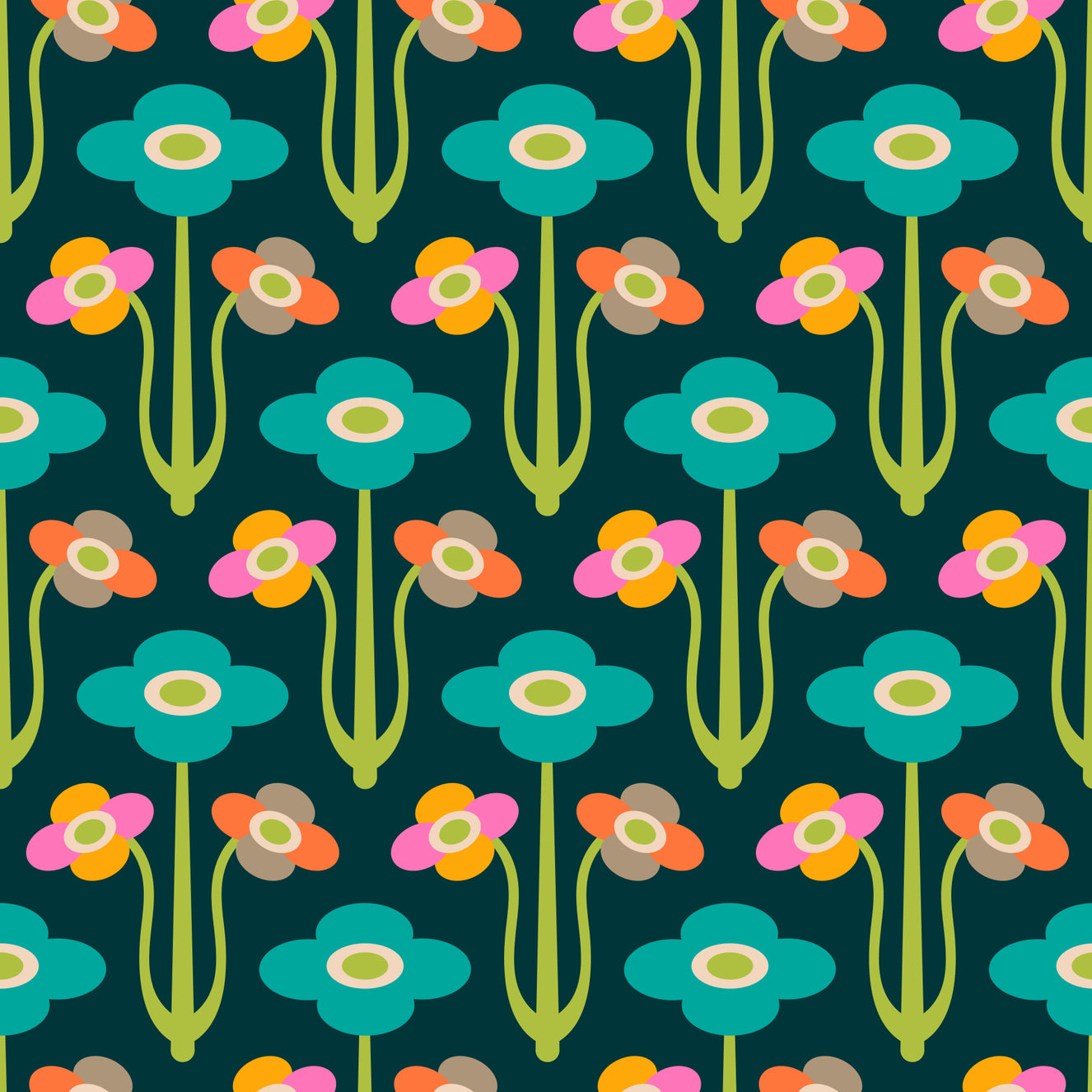 Yvette Mid Century Modern Scandi Retro Floral Rainbow Brights Dark Green  Wallpaper⁠